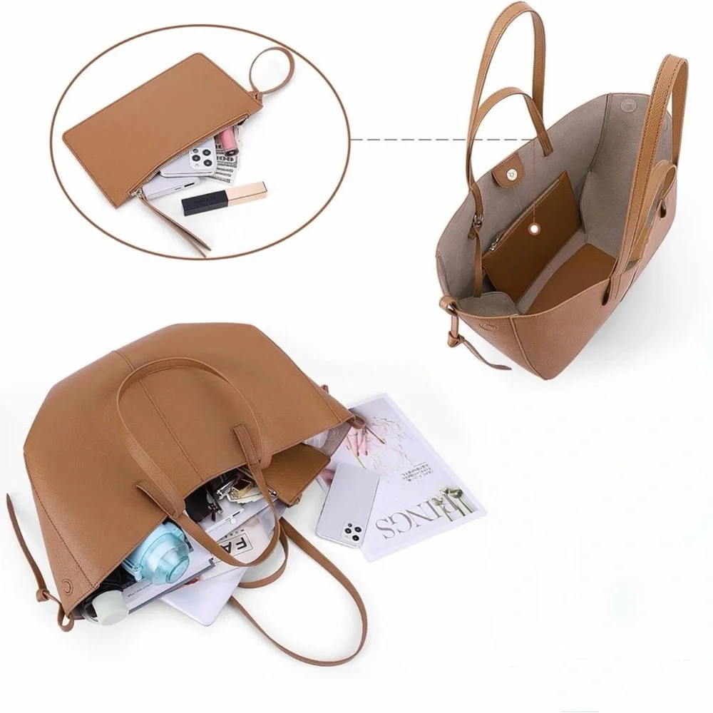 Camel Vegan Leather Tote Bag Oversized Shoulder Bag Minimalist Work Purse Large - Picture 3 of 4